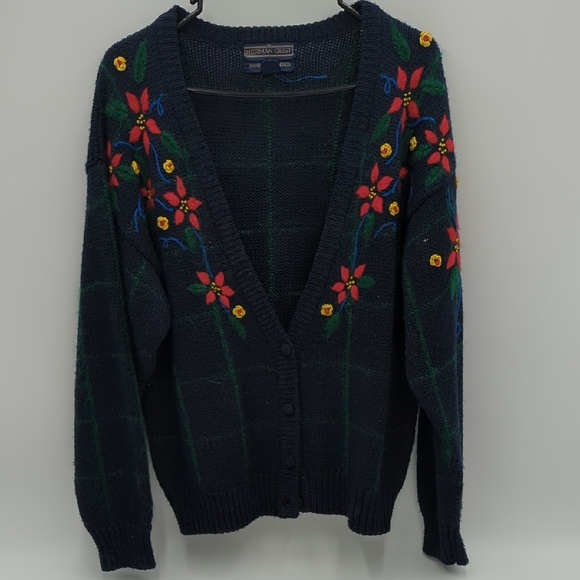 Herman Geist Vintage Wool Blend Floral Embroidered Cardigan Green Knit Womens - Picture 1 of 11